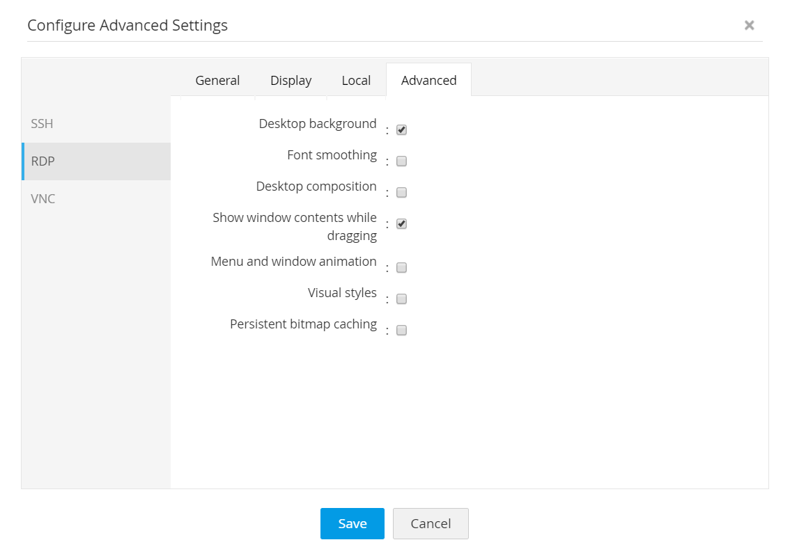 Advanced session settings for RDP connections - Access Manager Plus
